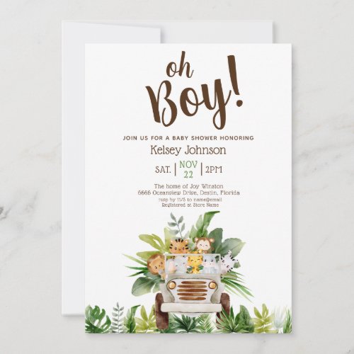 Cute Boy Safari Jungle  Zoo Animals Baby Shower  Invitation