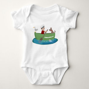Cute boy sailor and dog rowing boat cartoon baby bodysuit