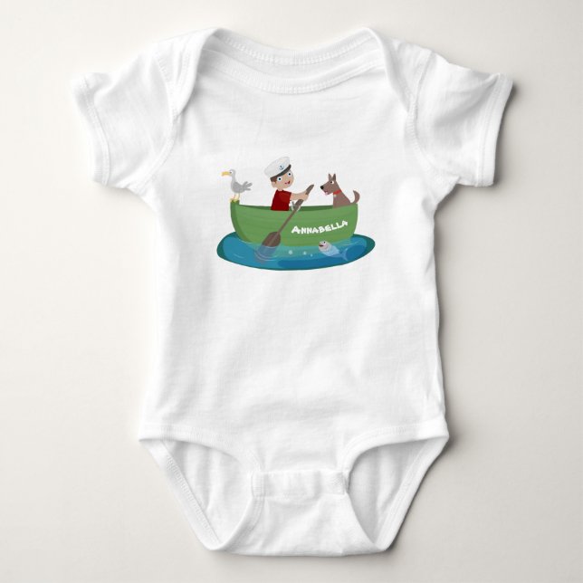 Cute boy sailor and dog rowing boat cartoon baby bodysuit (Front)
