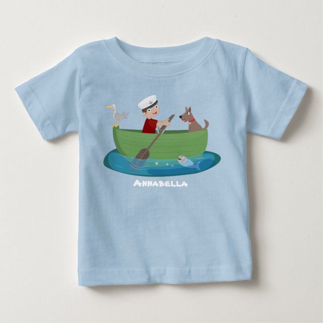 Cute boy sailor and dog rowing boat cartoon baby T-Shirt (Front)