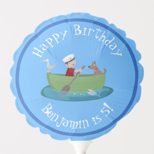 Cute boy sailor and dog rowing boat cartoon balloon