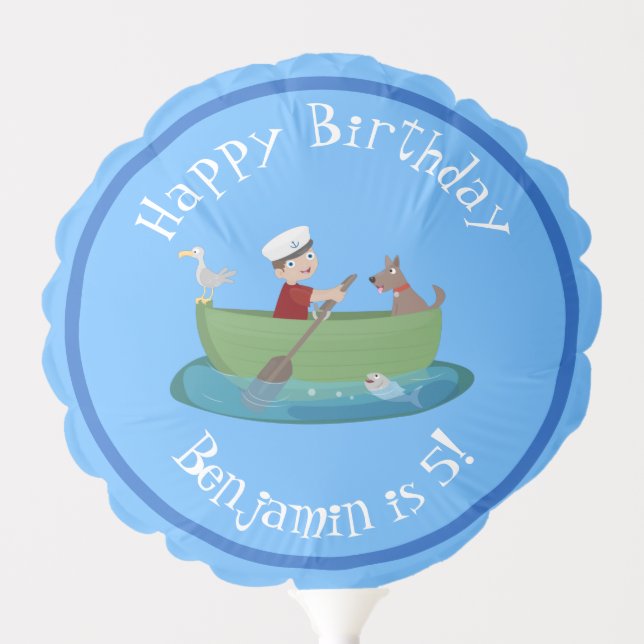 Cute boy sailor and dog rowing boat cartoon balloon (Front)