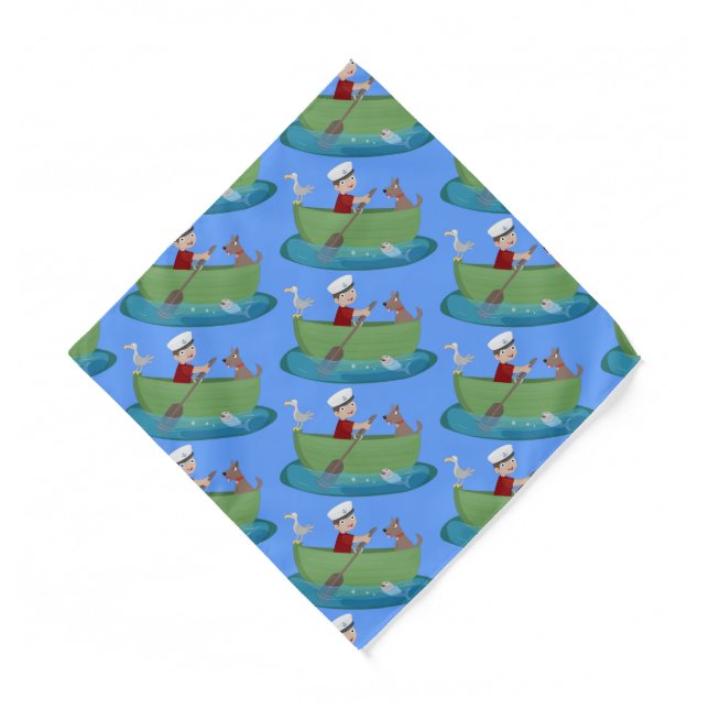 Cute boy sailor and dog rowing boat cartoon  bandana (Front)