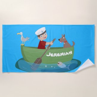 Cute boy sailor and dog rowing boat cartoon