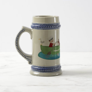 Cute boy sailor and dog rowing boat cartoon beer stein
