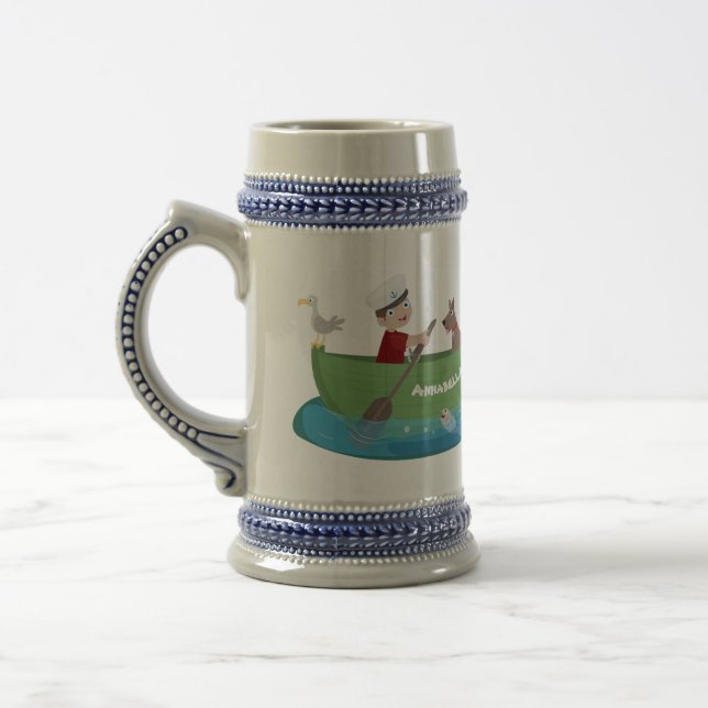 Cute boy sailor and dog rowing boat cartoon beer stein (Left)