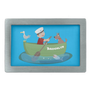 Cute boy sailor and dog rowing boat cartoon belt buckle