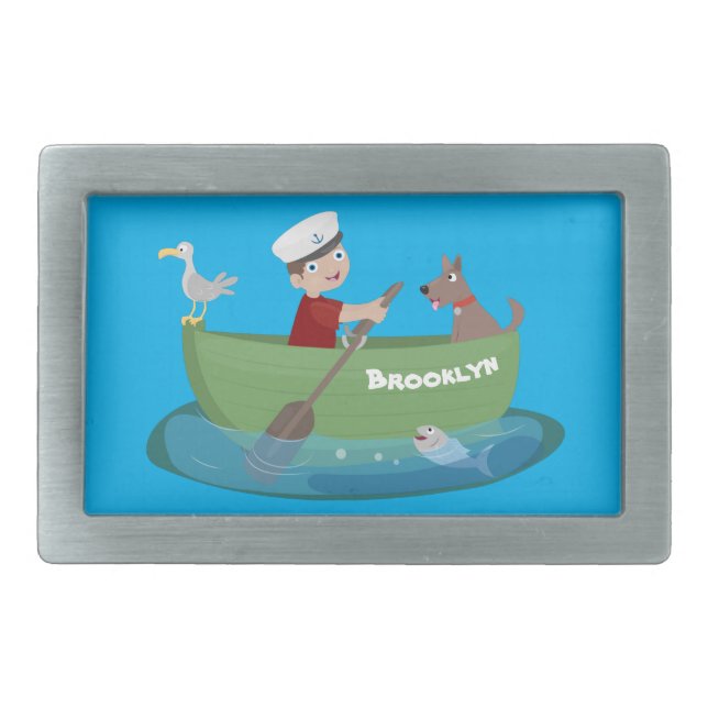 Cute boy sailor and dog rowing boat cartoon belt buckle (Front)