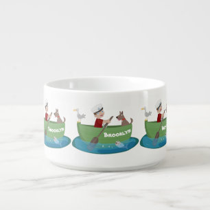 Cute boy sailor and dog rowing boat cartoon bowl