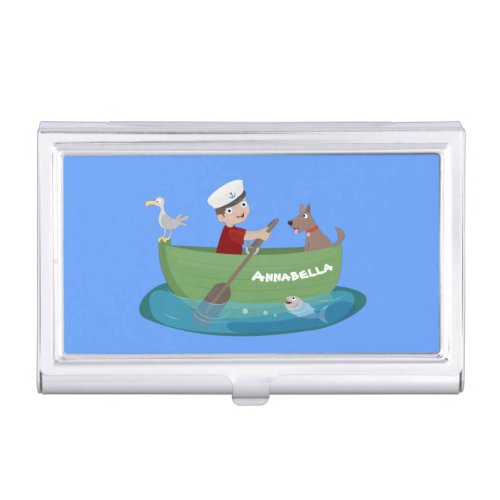 Cute boy sailor and dog rowing boat cartoon business card case