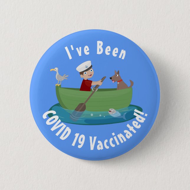 Cute boy sailor and dog rowing boat cartoon  button (Front)