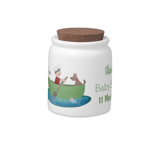 Cute boy sailor and dog rowing boat cartoon candy jar