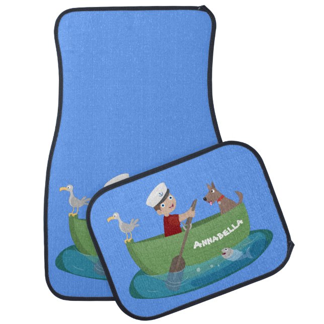 Cute boy sailor and dog rowing boat cartoon car floor mat (Set)