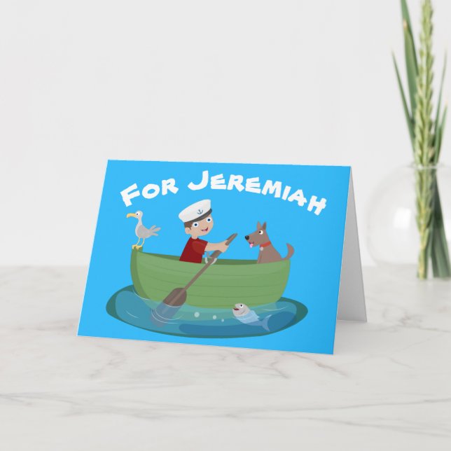 Cute boy sailor and dog rowing boat cartoon card (Front)