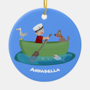 Cute boy sailor and dog rowing boat cartoon ceramic ornament