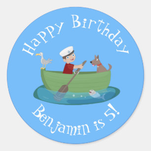 Cute boy sailor and dog rowing boat cartoon classic round sticker