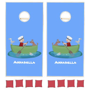 Cute boy sailor and dog rowing boat cartoon cornhole set