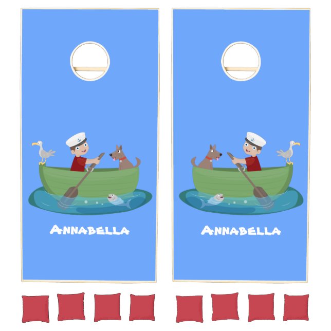 Cute boy sailor and dog rowing boat cartoon cornhole set (Set)