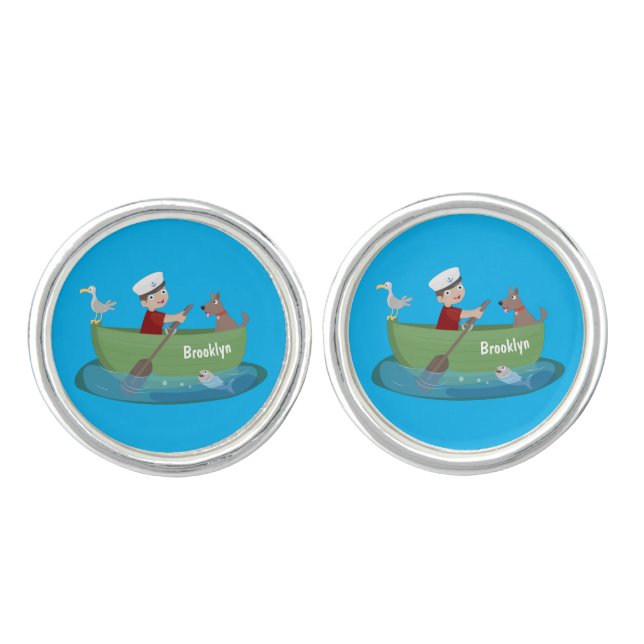 Cute boy sailor and dog rowing boat cartoon cufflinks (Front)