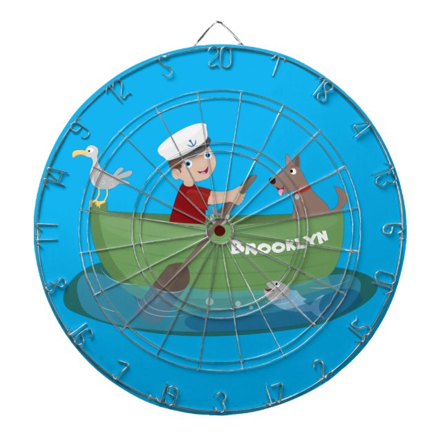 Cute boy sailor and dog rowing boat cartoon dart board (Front)