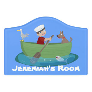Cute boy sailor and dog rowing boat cartoon door sign
