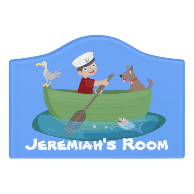 Cute boy sailor and dog rowing boat cartoon door sign (Small Crest Front)
