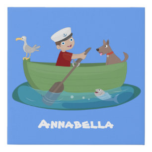Cute boy sailor and dog rowing boat cartoon faux canvas print