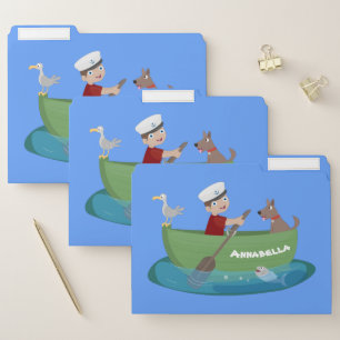 Cute boy sailor and dog rowing boat cartoon file folder