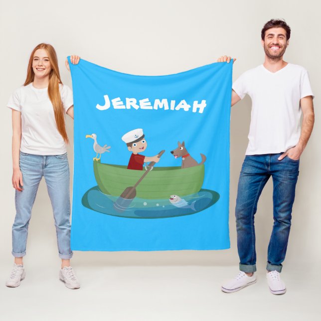 Cute boy sailor and dog rowing boat cartoon fleece blanket (In Situ)