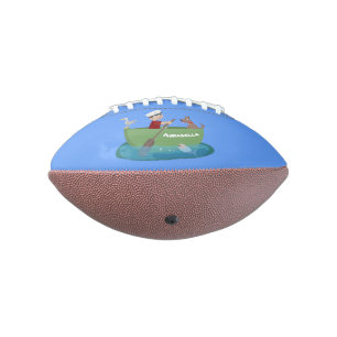 Cute boy sailor and dog rowing boat cartoon football