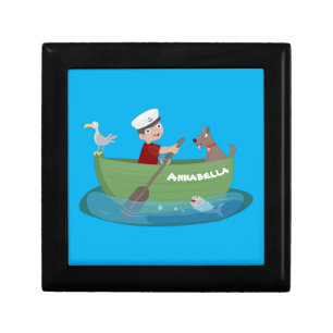 Cute boy sailor and dog rowing boat cartoon gift box