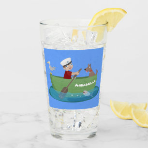 Cute boy sailor and dog rowing boat cartoon glass