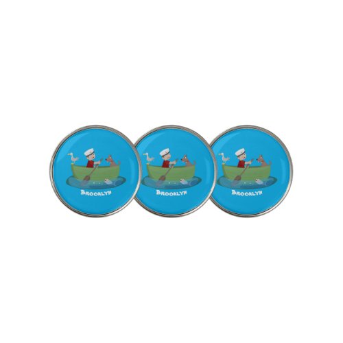 Cute boy sailor and dog rowing boat cartoon golf ball marker