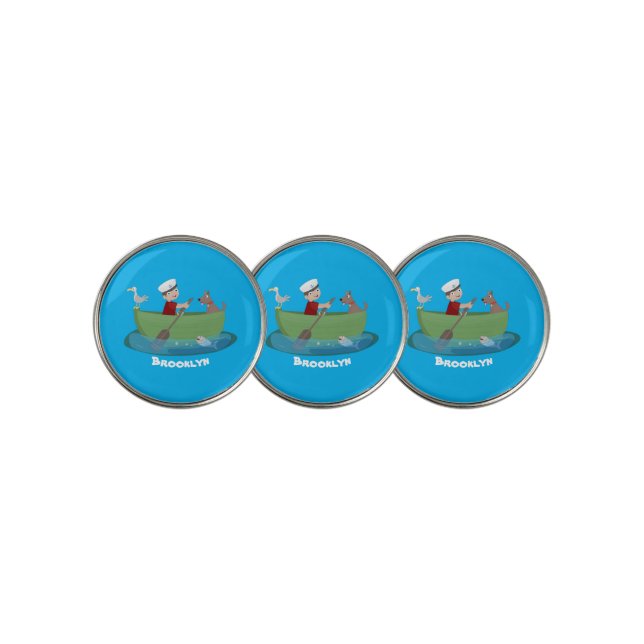 Cute boy sailor and dog rowing boat cartoon golf ball marker (3 Up)