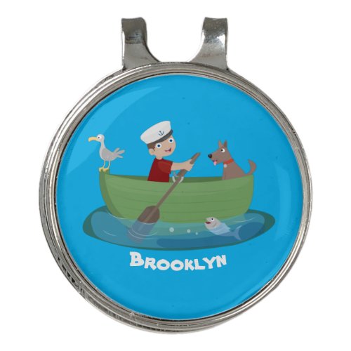 Cute boy sailor and dog rowing boat cartoon golf hat clip