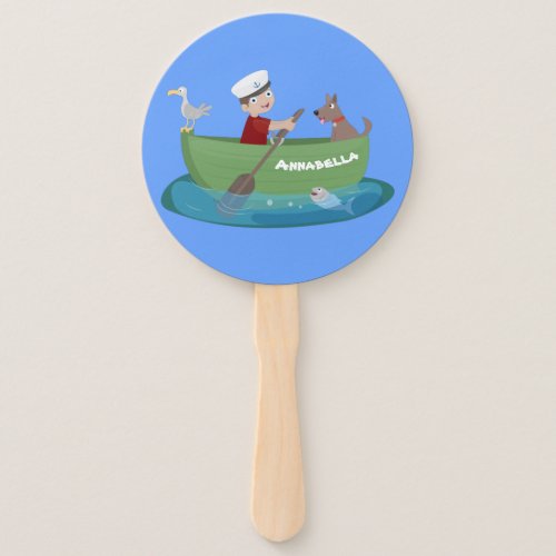 Cute boy sailor and dog rowing boat cartoon hand fan