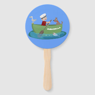 Cute boy sailor and dog rowing boat cartoon hand fan