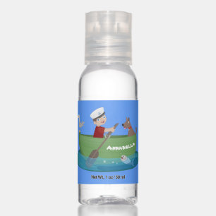 Cute boy sailor and dog rowing boat cartoon hand sanitizer