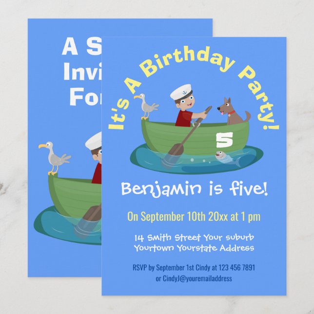 Cute boy sailor and dog rowing boat cartoon invitation (Front/Back)