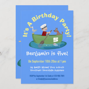 Cute boy sailor and dog rowing boat cartoon invitation