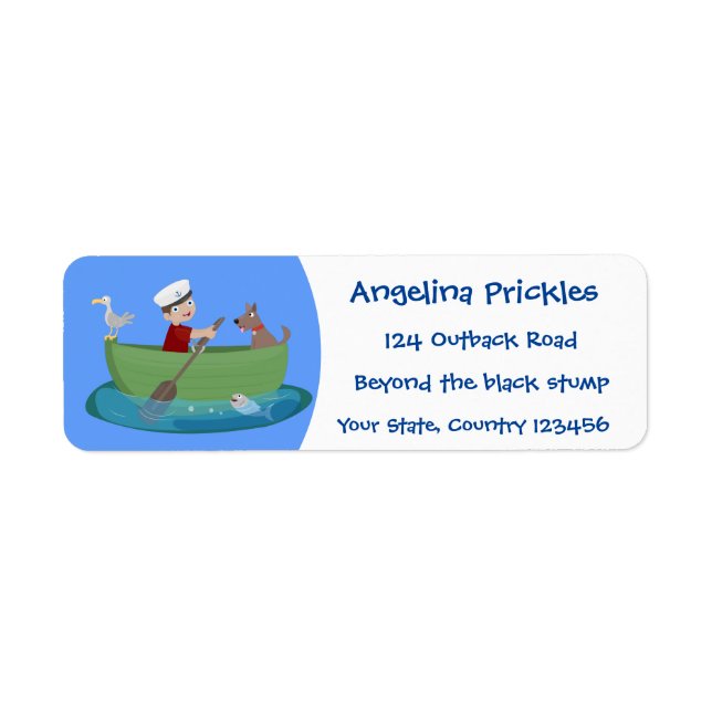 Cute boy sailor and dog rowing boat cartoon label (Front)