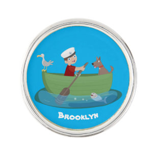 Cute boy sailor and dog rowing boat cartoon lapel pin