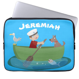 Cute boy sailor and dog rowing boat cartoon laptop sleeve