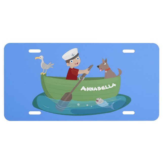 Cute boy sailor and dog rowing boat cartoon license plate (Front)