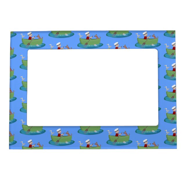 Cute boy sailor and dog rowing boat cartoon magnetic frame (Front)