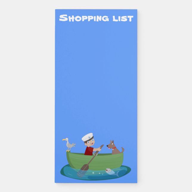Cute boy sailor and dog rowing boat cartoon magnetic notepad (Front)
