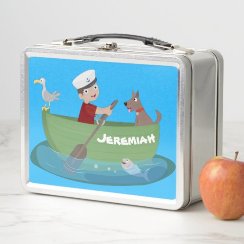 Cute boy sailor and dog rowing boat cartoon metal lunch box