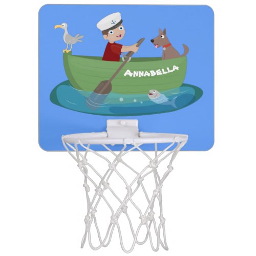 Cute boy sailor and dog rowing boat cartoon mini basketball hoop