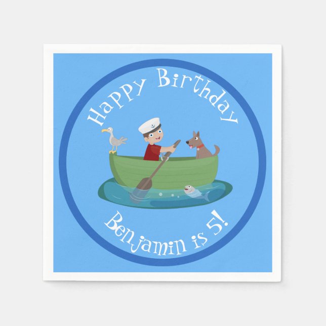 Cute boy sailor and dog rowing boat cartoon napkins (Front)