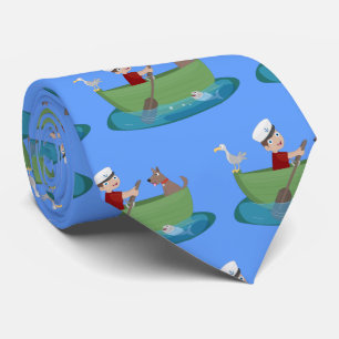 Cute boy sailor and dog rowing boat cartoon neck tie